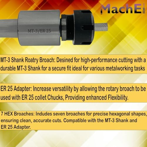 MachEl MT3 Shank Rotary Broach with ER-25 Adapter + 7 Hex Punches Set - Precision Machining Tool Kit