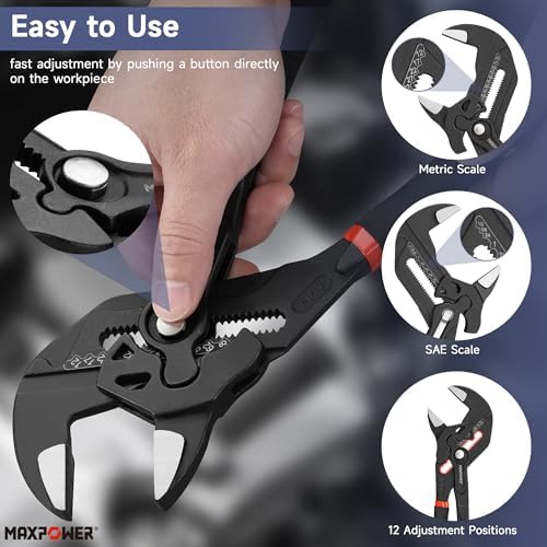 MAXPOWER 3-Pc Pliers Wrench Set, 7" 10" 12", Smooth Jaw, Push-Button Adjust