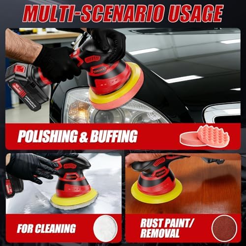 Cordless Car Buffer Polisher, 6-Speed Orbital (5500RPM) DA Polisher with 2x 21V 2000mAh Batteries, 6 Inch Lightweight Power Buffer for Car Detailing, Waxing, Polishing & Scratch Removal