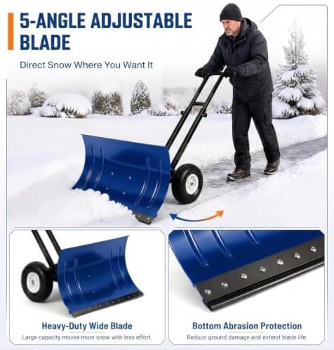 GarveeLife Wheeled Snow Shovel - 29in Steel Blade, 10in Wheels Blue/Black