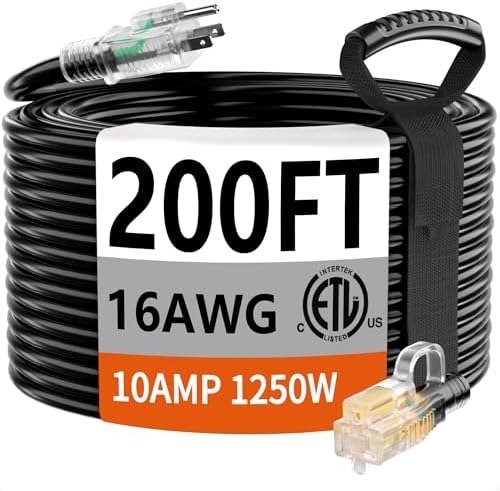 HUANCHAIN Indoor Outdoor Black Extension Cord 200 FT Waterproof 16/3 Gauge