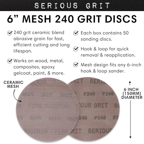 Serious Grit - 6-Inch P240 Grit Ceramic Mesh Sanding Discs - 50 Pack