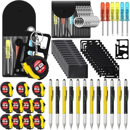 192 Pcs Mini Screwdriver Tape Keychain Set Multitool Pen Card Father's Gifts Bulk Mini Tool Set for Adult Men Dad (Yellow,Black)