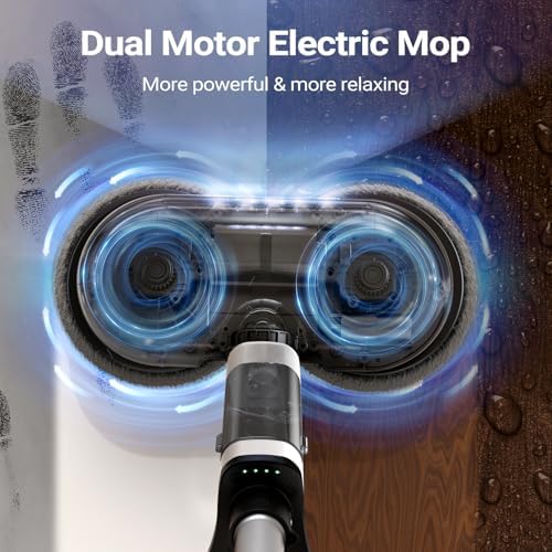 iDOO Electric Cordless Spin Mop, Electric Mops for All Floor with Sprayer & LED Headlight, Quiet Self Propelled, Water Tank 4 Replaceable Heads, for Women