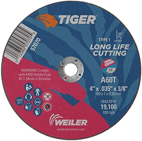 Weiler 57070 4-Inch Cutting Wheel, Tiger AO Steel/Metal Long Life, Performance Cutting, 0.035" A60T Type 1 3/8" Arbor (Pack of 25)