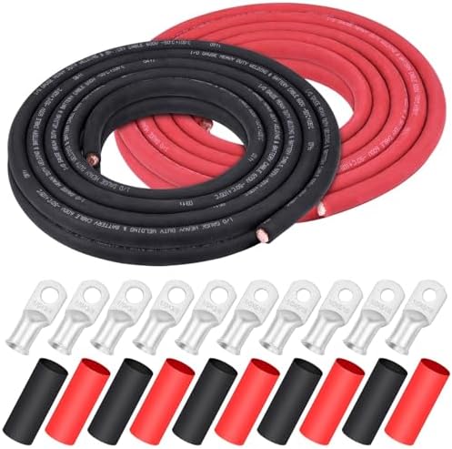 1/0 Gauge Wire,iGreely 1/0 AWG Copper Battery Welding Cable for Automotive Generator Solar,5pcs of 5/16"" & 5pcs 3/8"" Copper Lugs Terminal Connectors with Heat Shrink Tubing 20 Ft Black+20 Ft Red