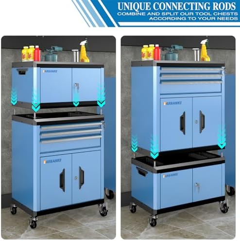 2-IN-1 Rolling Tool Chest with Locks& Multifunctional CounterTop,3 Drawer Rolling Tool Box and Tool Cabinet with Wheels,Tool Chest with Connection Rods,Can Be Used Individually or In Combination