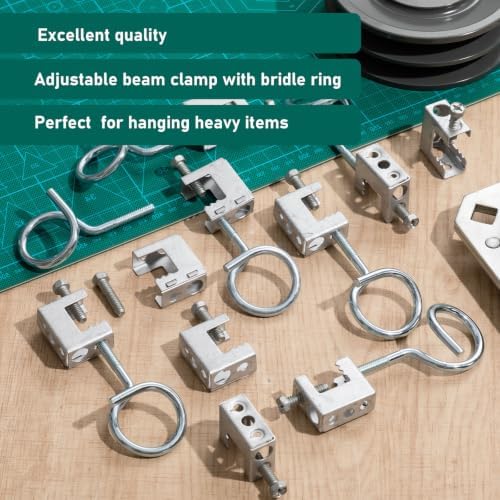 Tandefio 100 Set 1/4"-20 Spring Steel Beam Clamps Metal Beam Hangers Bolt on Clamp with Metal Machine Threaded Bridle Rings for Pipe Cable Woodworking Tool (Silver,1 1/4 Inch Bridle Rings)