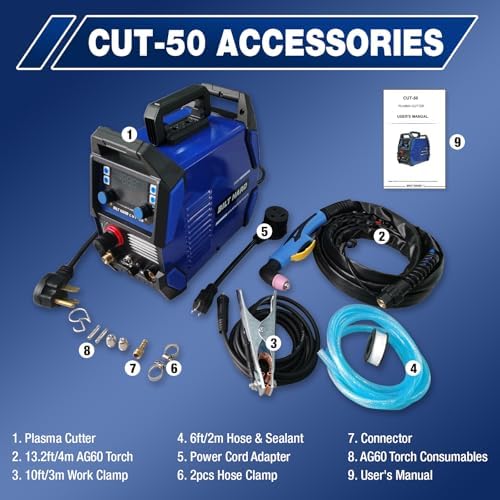 BILT HARD Plasma Cutter, 50A Plasma Cutting Equipment, Non Touch Pilot Arc, 110V/220V Dual Voltage, Digital Display Screen, DC Inverter IGBT Plasma Cutter Machine for Beginners