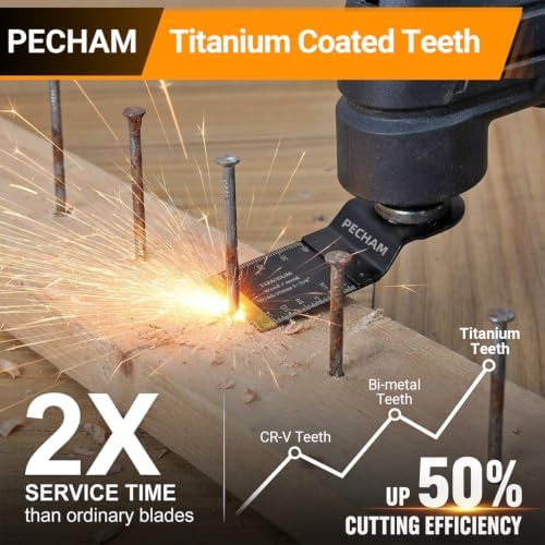 PECHAM 11PCS Titanium Oscillating Tool Blades, Universal Oscillating Multitool Blades Metal Cutting Quick Release for Hard Material Metal Nails Wood Plastic fit More Oscillating Tools