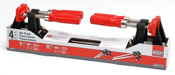 BESSEY GSCC4PK-C Clamp Set for Woodworking, F-style with Wood Handle, Replaceable Pads, 2 x 6 In and 2 x 12 In, 600 lb, Red/Black/Silver