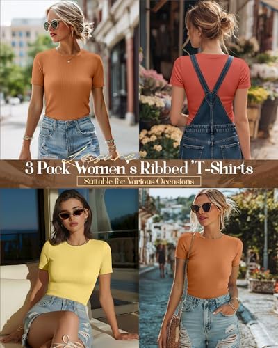 Ficerd 3 Pack Women's Ribbed Short Sleeve T-Shirts