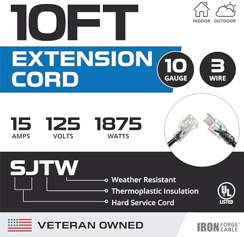 Iron Forge Cable 10 Gauge Extension Cord Heavy Duty, 10 Ft - Black SJTW
