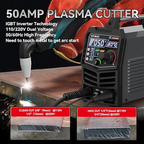 Plasma Cutter, 50Amp 110/220V Dual Voltage IGBT Inverter Plasma Cutting Machine, [Pilot Arc][Large LED Display][Air Sensor] 1/4" Clean Cut 3/4" Max Cut, 2T/4T for Beginners DIY (CUT-50LED)
