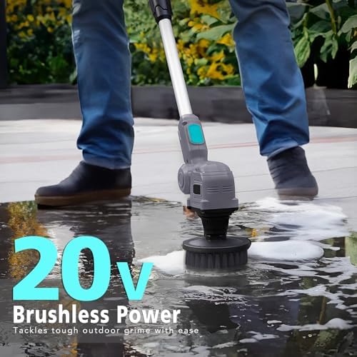 20V Cordless Spin Scrubber with Replaceable Battery, Electric Cleaning Brush with Long Handle & 8 Brush Heads for Outdoor, Bathroom, Tile, Grout, Shower, Bathtub
