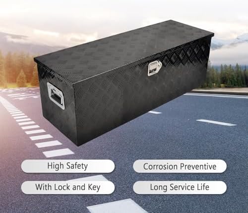 44 Inch Heavy Duty Aluminum Truck Tool Box Pick Up Truck Bed RV Trailer Toolbox Storage Organizer with Side Handle, Lock & Keys，Black,5 Bar Tread 44"(L) X15''(W) X15(H) Storage Box