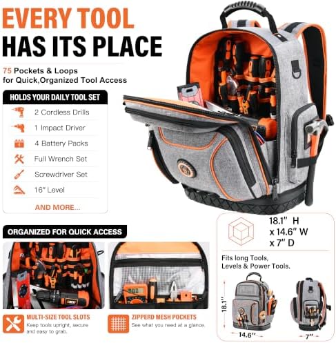 LOKASS 18.1-inch Heavy-Duty Tool Backpack, 75 Pockets, Gray