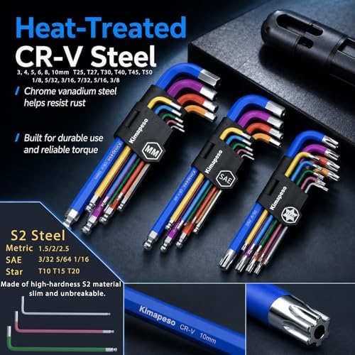 27 PCS Allen Key Set Torx SAE Metric Allen Wrenches Set Long Arm Ball End Hex Key Wrench Sets with T-Handle L-Hex Key Set Metric 1.5 to 10mm SAE 1/16 to 3/8″ Torx T10 to T50