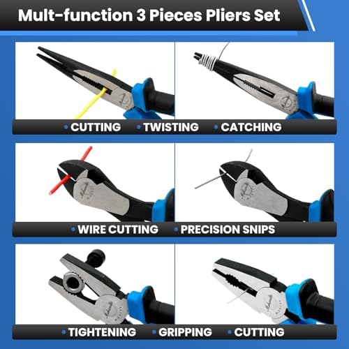 3 Pieces Plier Set, 8" Needle Nose Pliers, 8" Linesman Pliers and 7" Diagonal Cutting Pliers, Premium High Carbon Construction for Cutting, Plumbing, and General Applications Multi-use Tools