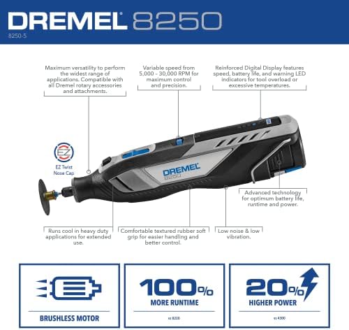 Dremel 8250-5 12V Lithium-Ion Variable Speed Cordless Rotary Tool with Brushless Motor - 5 Rotary Tool Accessories, 3Ah Battery, Charger, and Tool Bag