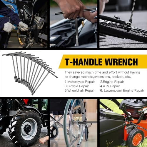T-Handle Socket Wrench Set, 11PCS Metric Handle Wrenches - 6, 7, 8, 9, 10, 11, 12, 13, 15, 17, 19mm, 6-Point Hex Socket Lug Wrench for Motorcycle Car Bicycle Repair, Chrome Vanadium Steel