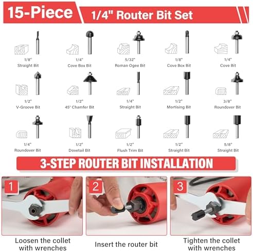 TEENO Wood Router, 800W Compact Router Tools for Woodworking, 31000 RPM Hand Trim Router with 15 Pcs 1/4" Router Bits Set, Edge Guide, Roller Guide, Dust Hood