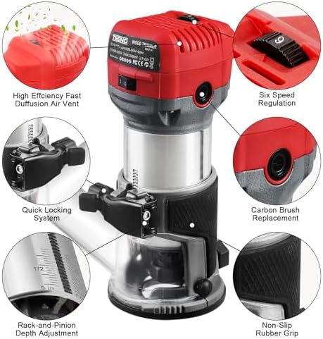 TEENO Wood Router, 6.5 Amp 1.25 HP Compact Router Tools for Woodworking, 13000-33000 RPM Hand Trim Router with 15pcs 1/4" Bits Set, 6 Variable Speeds, Edge Guide, Roller Guide