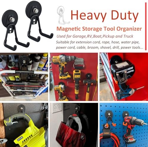 ULIBERMAGNET Heavy Duty Magnetic Garage Hooks,4 Pack Strong Large Magnet Hook for Power Drill,Garden Tools,Hose,Pegboard,Garage, Workshop,Magnetic Storage Hooks for Indoor Outdoor Hanging(Black)