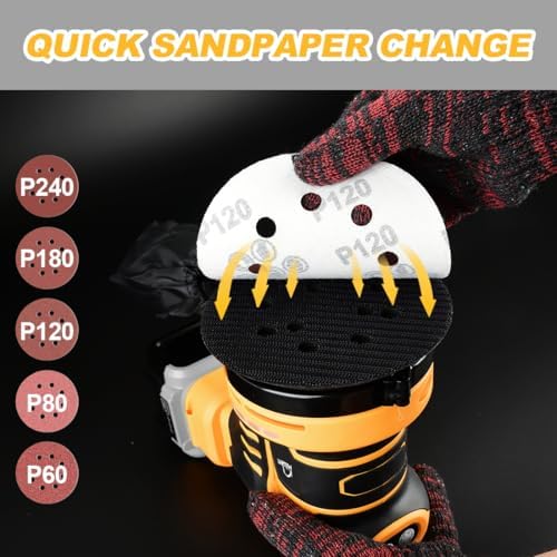 Brushless Random Orbit Sander 6 Adjustable Speed Electric Sander Compatible with Dewalt 20V Battery (No Battery) with Dust Bag 20 Sandpaper for Polishing, Sanding, Smoothing Surfaces