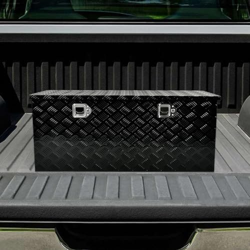 44 Inch Heavy Duty Aluminum Truck Tool Box Pick Up Truck Bed RV Trailer Toolbox Storage Organizer with Side Handle, Lock & Keys，Black,5 Bar Tread 44"(L) X18''(W) X18(H) Storage Box