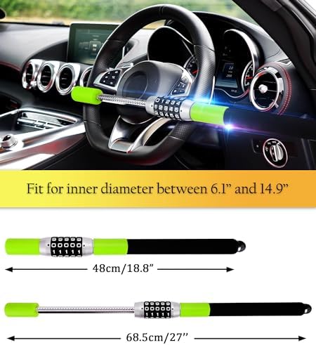 Tevlaphee Steering Wheel Lock, Car Lock Anti Theft Keyless Extendable Retractable Password 5 Coded Combination Lock, Heavy Duty Universal Fit (Green)