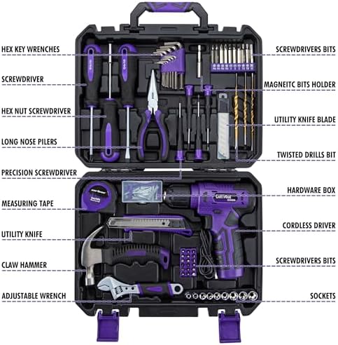 CARTMAN 150PCS 8V Cordless Drill Hand Tool Set, Purple Household Repair Kit