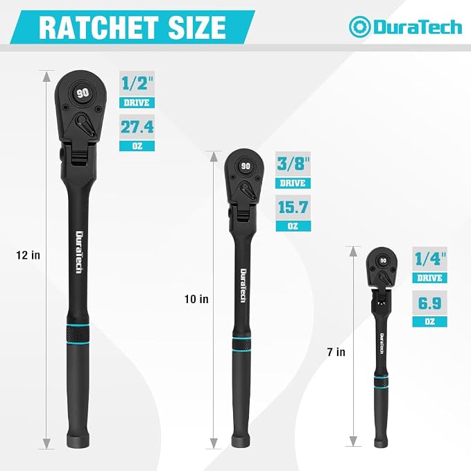 DURATECH 3-Piece Flex-Head Ratchet, 90-Tooth Quick-Release Ratchet Wrench | 1/4", 3/8", 1/2" Socket Wrench with 180° Pivoting Head & 7-Position Setting, Reversible, CR-V Made, Black Mn Phosphate Finish