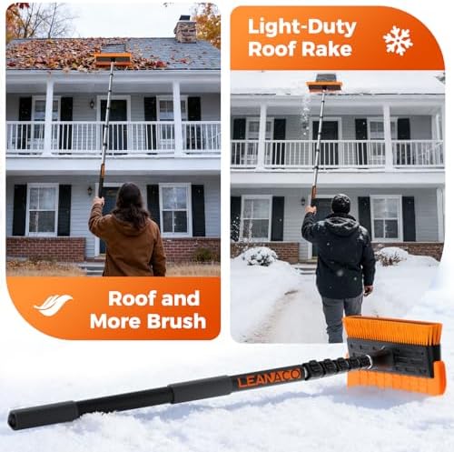 Year-Round Roof Rakes for Snow, Leaves & Moss – 16” No-Scratch Foam Blade & Roof Brush, 4.7-21ft Telescoping Snow Rake for Roof, Solar Panels, RVs & Cars, C-Shaped Push/Pull Roof--Patent Pending