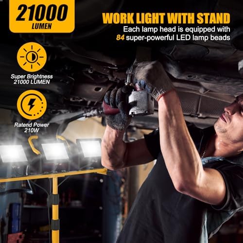 21000Lumen LED Work Lights with Stand - 3 Head Portable Work Light on Stand