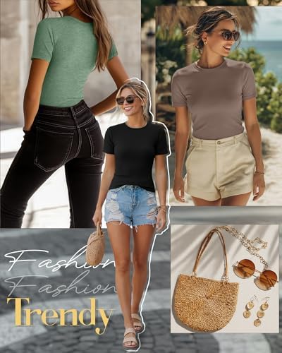 Ficerd 3 Pack Women's Ribbed Short Sleeve T-Shirts
