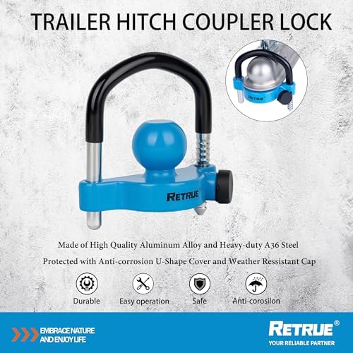 RETRUE Universal Trailer Coupler Hitch Lock, Waterproof Cover & Cap, Blue