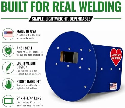 Blue Pancake Welding Hood Right Handed, 2" x 4-1/4" Lens Welding Shield, ANSI Z87.1, Lightweight Low Profile