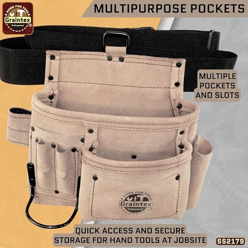 Graintex 5 Pocket Suede Leather Tool Belt/Bag, Multipurpose Leather Tool Belt for Women and Men, Ideal for Construction, Electrician, Handymen, Carpenter, Gardening Pouch & DIY Projects