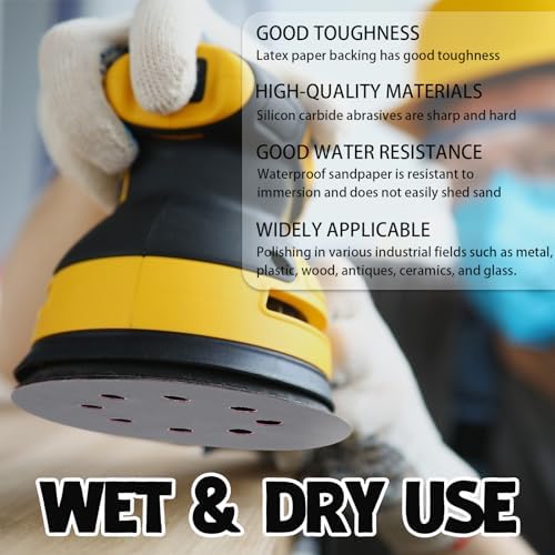200 Pcs Sandpaper 5 Inch 8 Holes Hook and Loop Wet Dry Sanding Discs Assorted Grits 320 400 600 800 1000 1200 1500 2000 2500 3000 4000 5000 7000 10000 Orbital Sander Pads for Polishing
