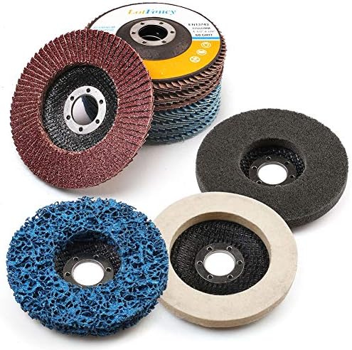 LotFancy Flap Disc 4 1/2 inches, 11 Grinding Polishing Discs Set for Angle Grinder, 40 60 80 120 Grit Assorted Pack, Sanding Wheels, Strip Disc, Nylon & Felt Polishing Disc Kit
