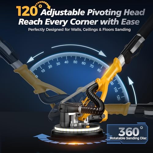 MAKELIFT Electric Drywall Sander for Ceiling with Vacuum | 5-speed 1000-2100 RPM, 880W motor, 4.4-5.5 ft telescopic pole, LED light, foldable design, up to 99% dust collection.