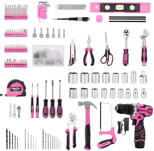 KingTool 276-Piece Tool Set Kit with 12V Cordless Power Drill (Pink)