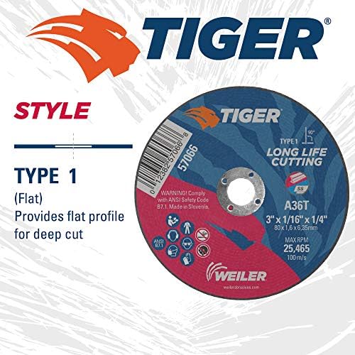 Weiler 57066 3-Inch Cutting Wheel, Tiger AO Steel/Metal Long Life, Performance Cutting, 1/16" A36T Type 1 1/4" Arbor (Pack of 100)