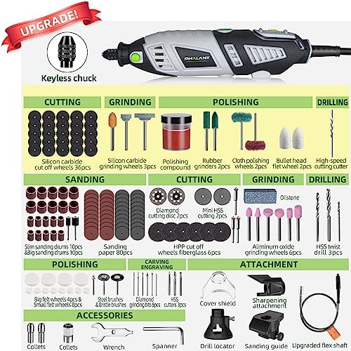 PHALANX 180W Rotary Tool Kit, 1.5-Amp 6 Variable Speed with Flex Shaft, 8000-35000RPM Rotary Multi-Tool& 213pcs Accessories Kit, Power Multiuse Set (Renewed)