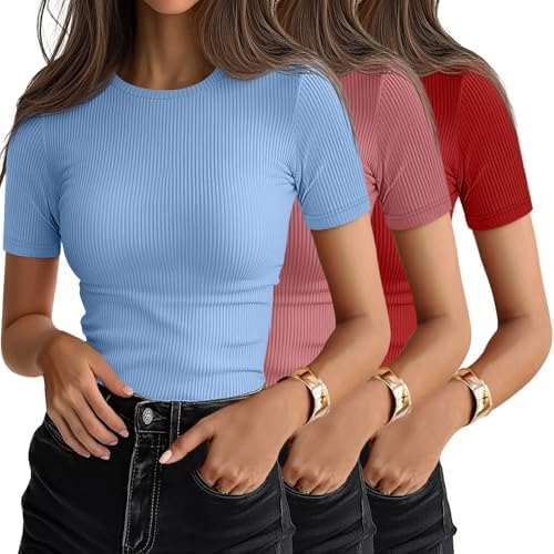 Ficerd 3 Pack Women's Ribbed Short Sleeve T-Shirts