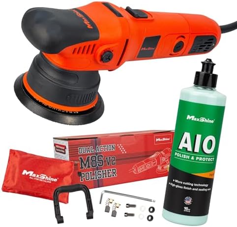 Maxshine 2-Piece M8S V2 Dual Action Polisher & 16oz AIO Polish Car Detailing Kit – 8mm Throw Random Orbital Buffer, 1000W, 5″ Backing Plate 6-Speed – Car, Truck, SUV & Boat Paint Correction