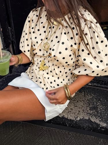 Cicy Bell Women Polka Dot Peplum Blouse Round Neck Puff Sleeve Summer Top