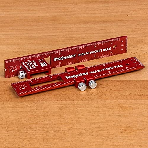 Woodpeckers Paolini Pocket Rule, Stainless Steel, 200mm, Metric Woodworking Ruler, Sliding Stop, Vertical End Scale, Scribing Notch, Engraved Scale