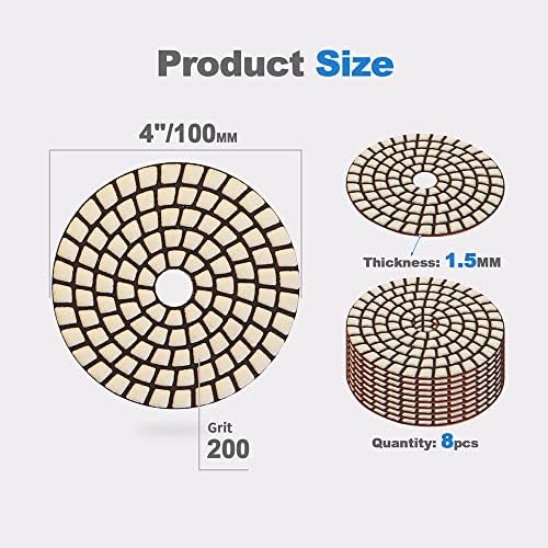 Dry Diamond Polishing Pads - 8pcs 4 inch #200 Sanding Pads Kit for Granite Marble Ceramic Used on Angle Grinder or Polisher